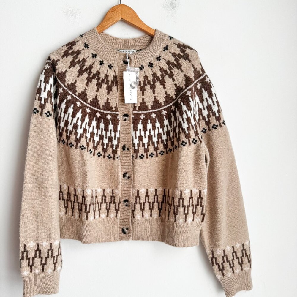 BNWT Anthropologie Moon River Beige Brown Patterned Wool-Blend Cardigan